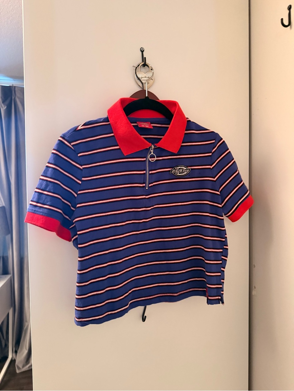 Dickies Blue Polo Top with Red Collar and Stripe Detail